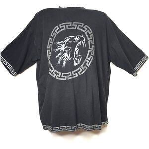 Men’s Black Embroidered Lion T Shirt XXL BKLYN XPRESS Greek Key Trim Big Cat SS